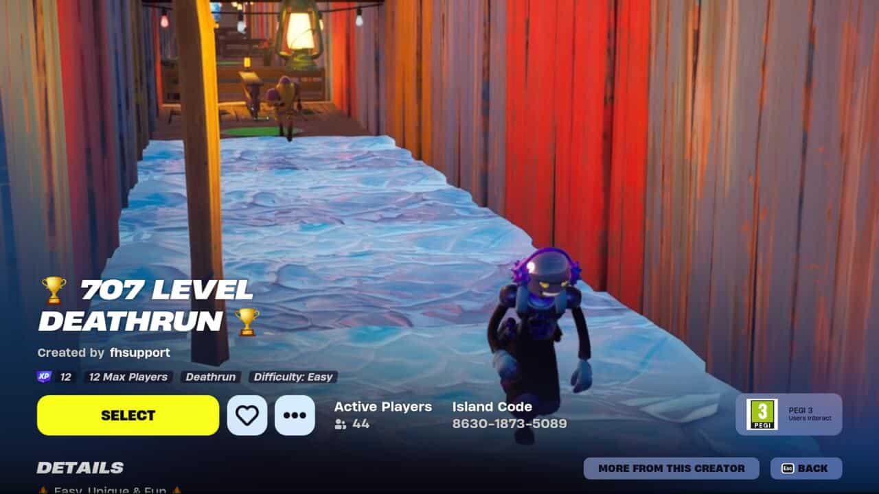 Best Fortnite XP maps: The main screen for the 707 Level Deathrun map in Fortnite Creative.