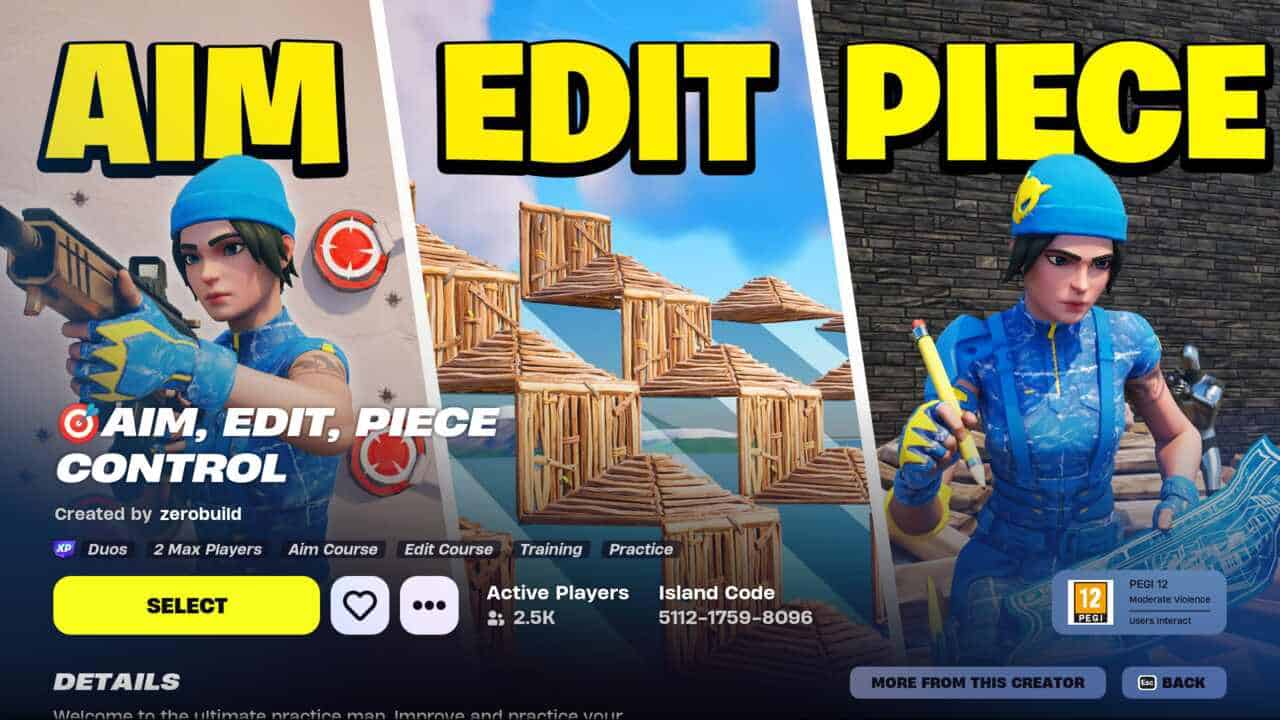 Best Fortnite XP maps: The main screen for the Aim, Edit, Piece Control map in Fortnite Creative.