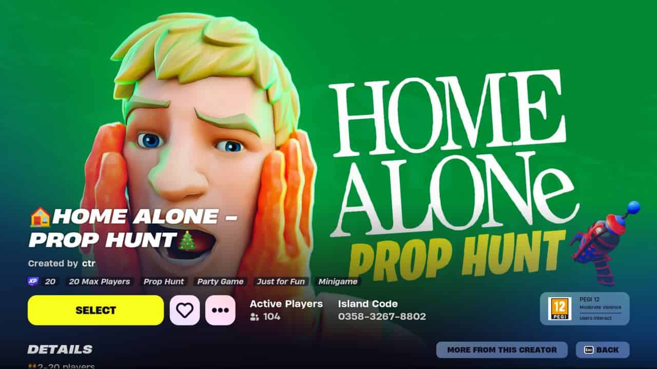 Best Fortnite XP maps: The main screen for the Home Alone - Prop Hunt map in Fortnite Creative.