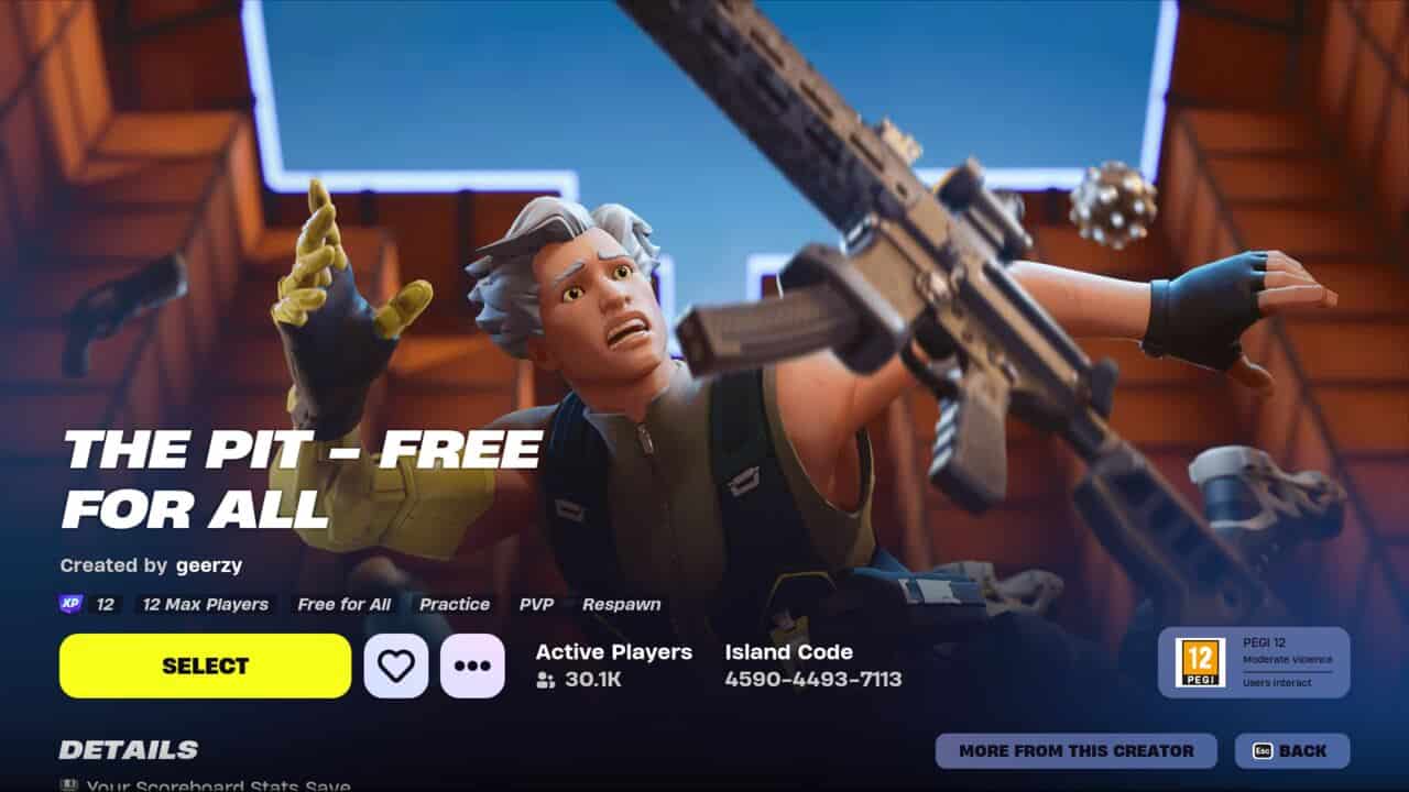 Best Fortnite XP maps: The main screen for The Pit - Free for All map in Fortnite Creative.