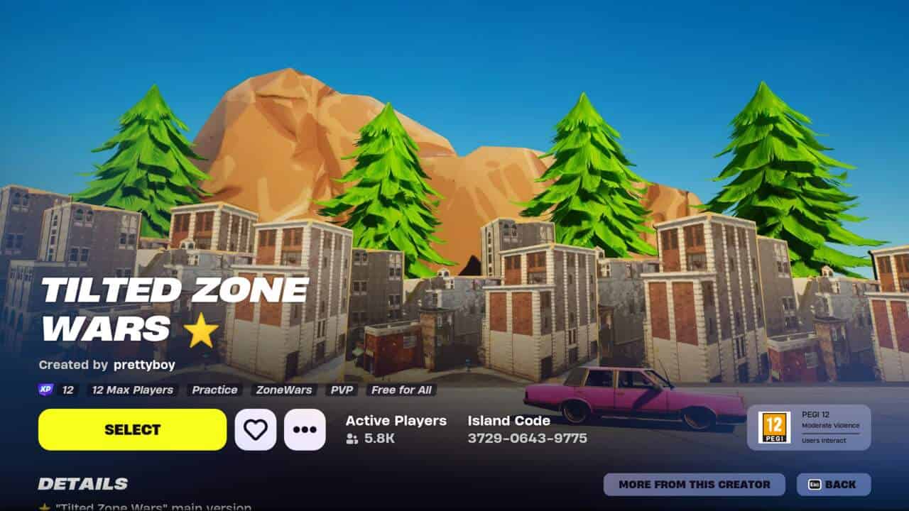 Best Fortnite XP maps: The main screen for the Tilted Zone Wars map in Fortnite Creative.