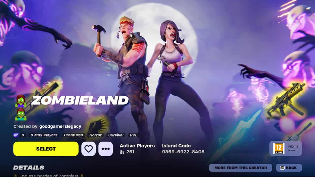 Best Fortnite XP maps: The main screen for the Zombieland map in Fortnite Creative.