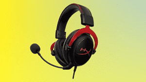 A red and black gaming headset.