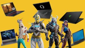 Five laptops against a yelllow background with four Fortnite characters standing in the center