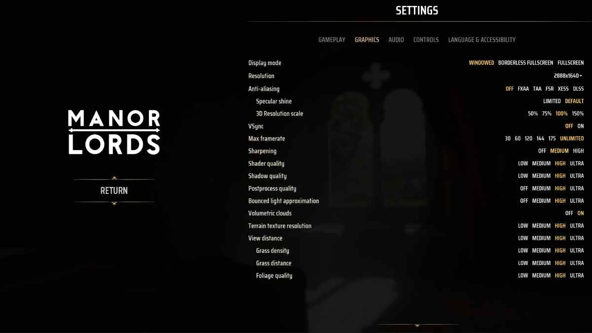 Screenshot of the settings menu in the video game "Manor Lords," displaying the best graphics settings for resolution, shadow quality, and view distance.