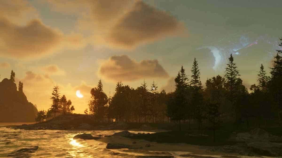 A screenshot of a sunset in a video game with breathtaking graphics settings.
