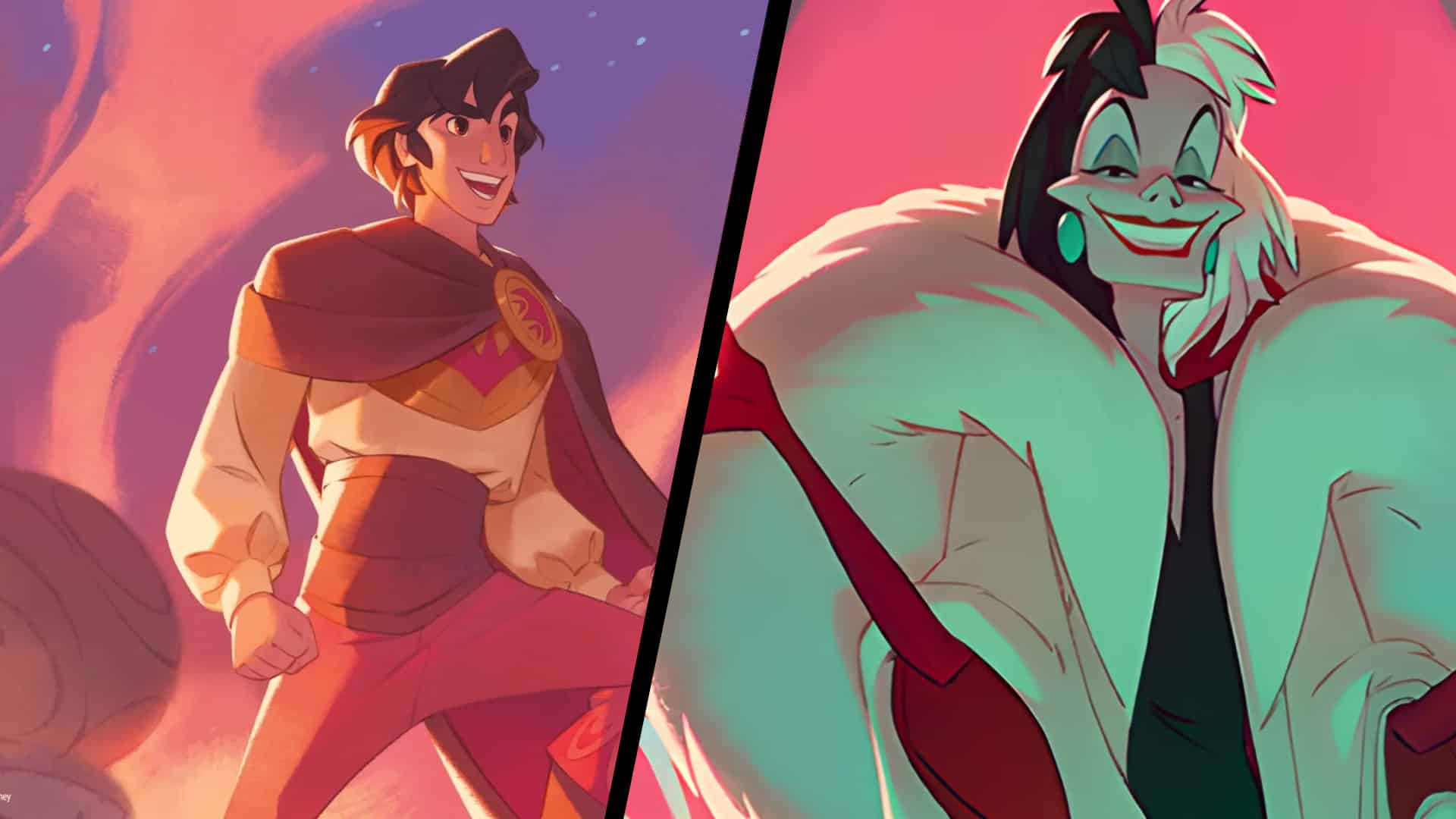 Picture of Aladdin and Cruella in the Disney Lorcana starter deck Ruby / Emerald