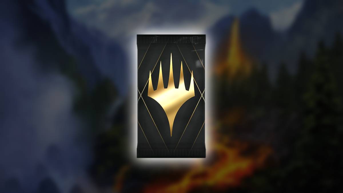 A graphic card featuring a crown-like symbol with a mountainous and fiery background, inspired by MTG Arena packs.