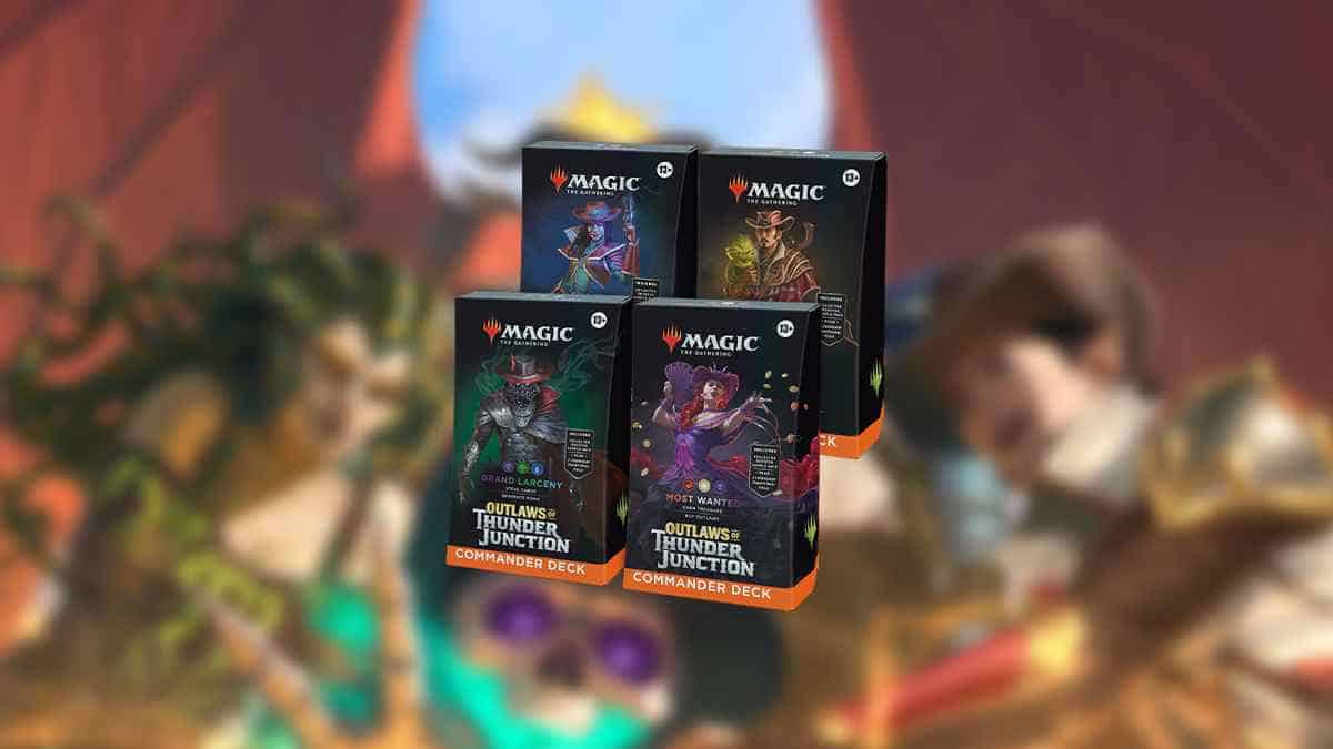 Two of the best MTG Outlaws of Thunder Junction commander deck boxes featuring colorful fantasy artwork, displayed with a blurred festive background.