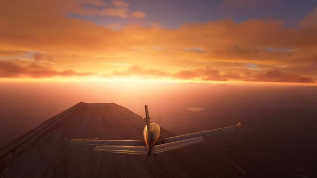 A beautiful sunset in Fiji near a mountain ,, taken from Microsoft Flight Simulator