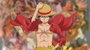 An anime character, from the best One Piece TCG starter decks, with a straw hat and a red cape standing with one hand raised in a friendly gesture.