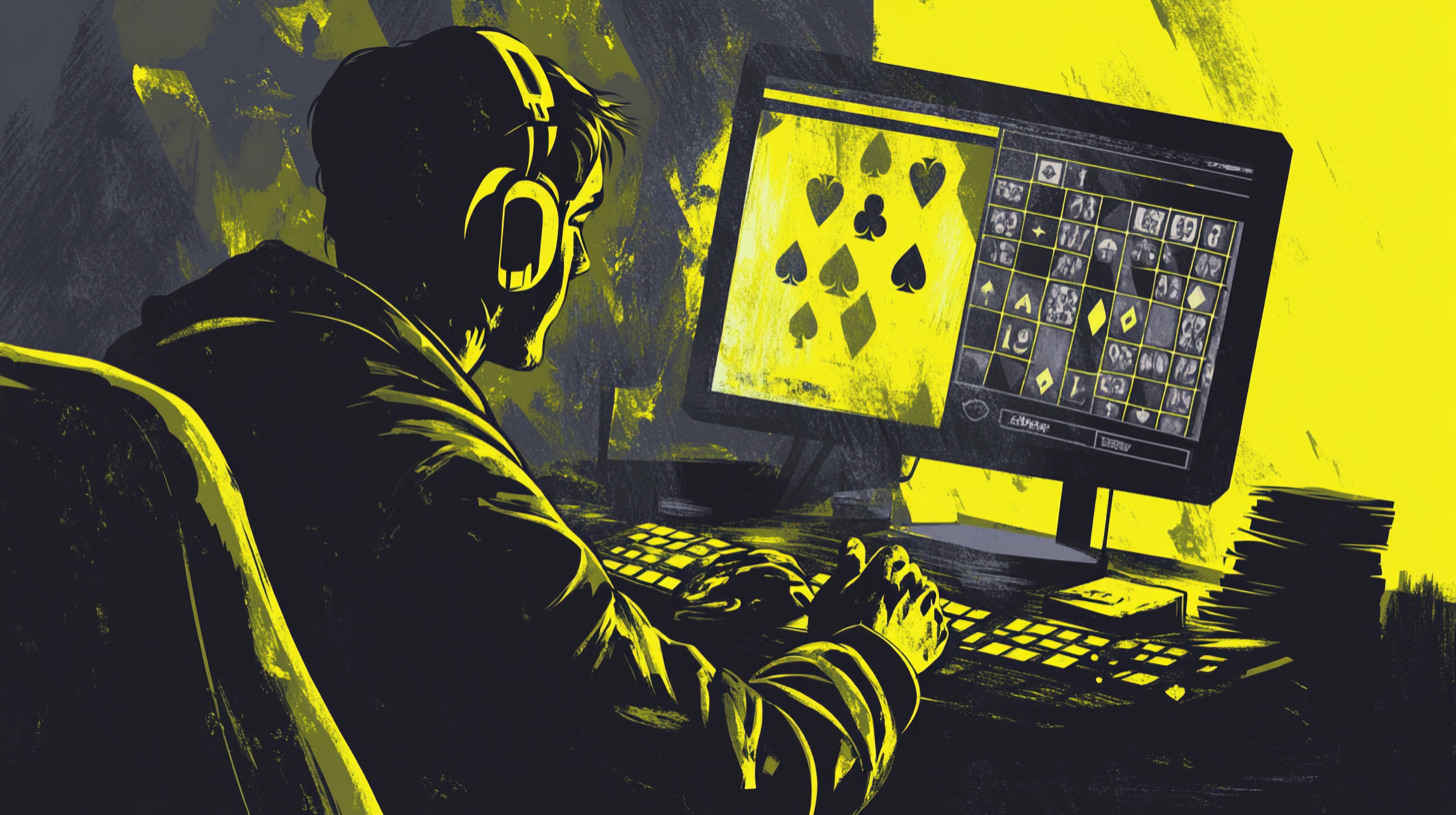 An illustrated scene of a person playing online casino games on a desktop computer, surrounded by card suits and slot icons, representing the best online casinos Indonesia.