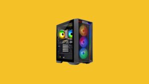 A top gaming PC case featuring colorful lights on a vibrant yellow background.