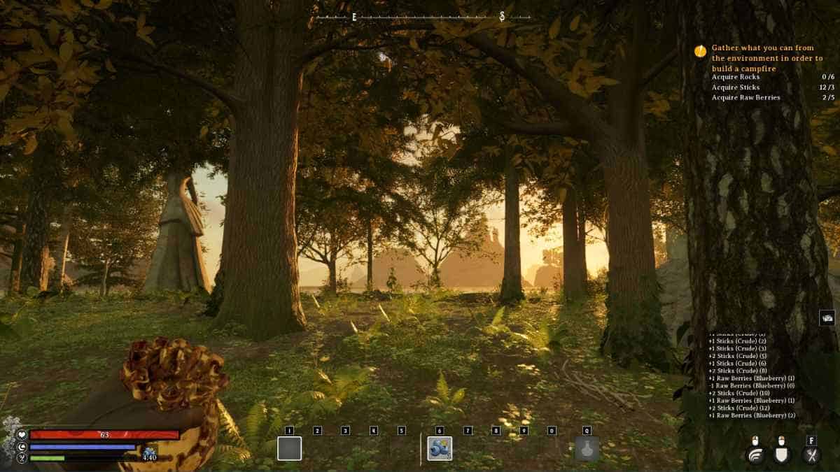 A screenshot of a forest at night in a video game with high-quality graphics settings.
