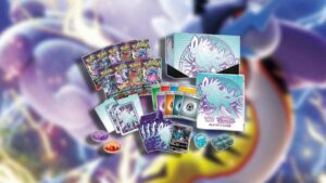 A Pokémon Trading Card Game Elite Trainer Box with various game components displayed, including Best Temporal Forces boosters.