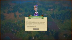A character named Giovanni welcomes the player, inviting them to consider a business partnership in Fabledom, a kingdom-building game known for having the best romance options. Giovanni is wearing royal attire with a crown. A "Continue" button is below the dialogue.