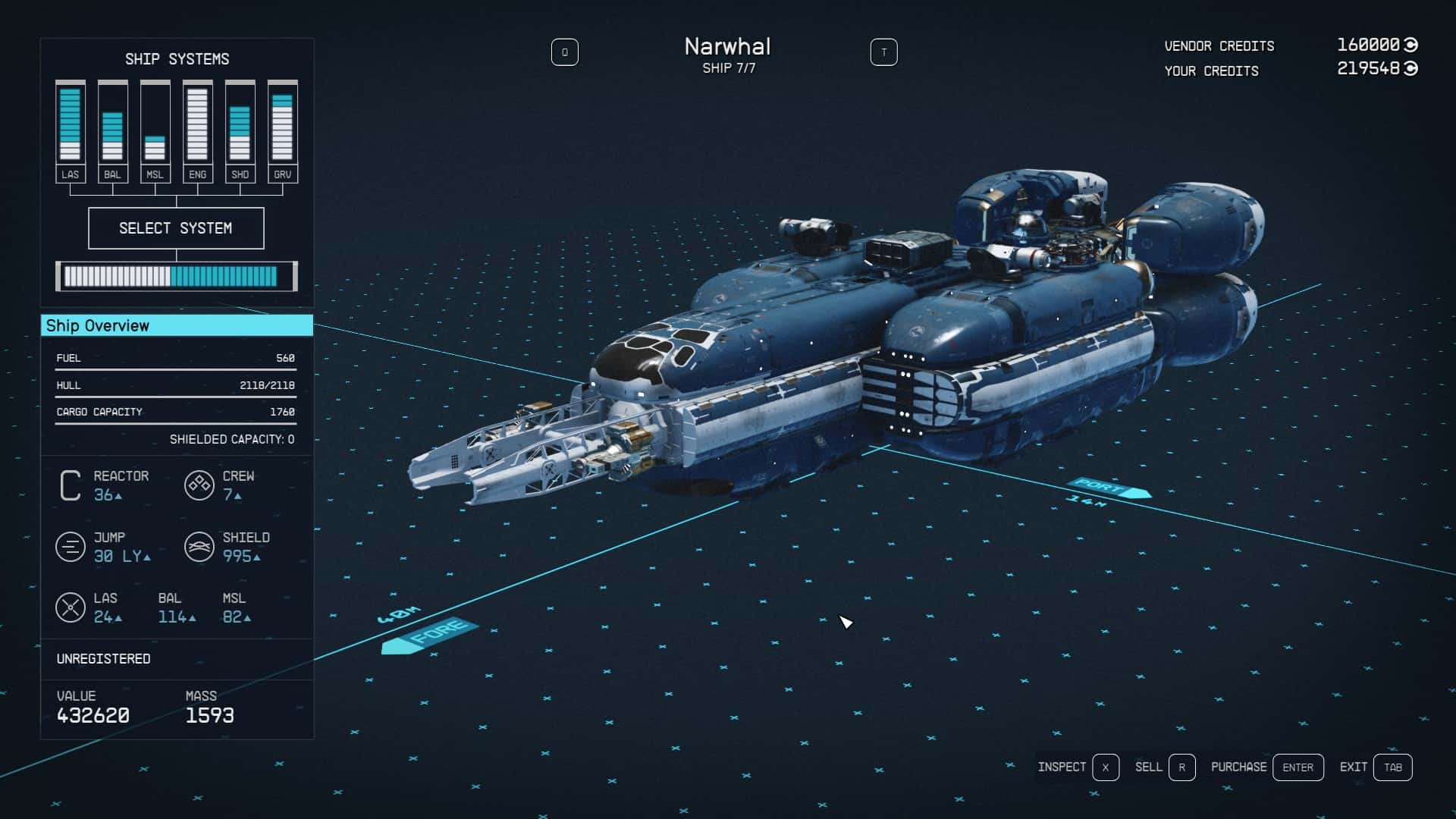 Best Starfield ships: The Narwhal ship in Starfield.