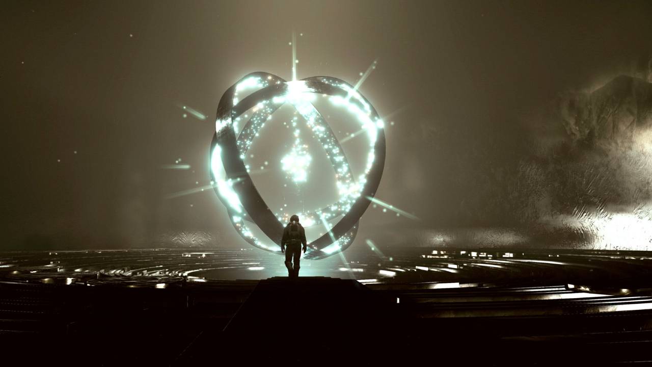 Best Starfield wallpapers: An explorer approaches a glowing artefact in the centre of a cavernous room.