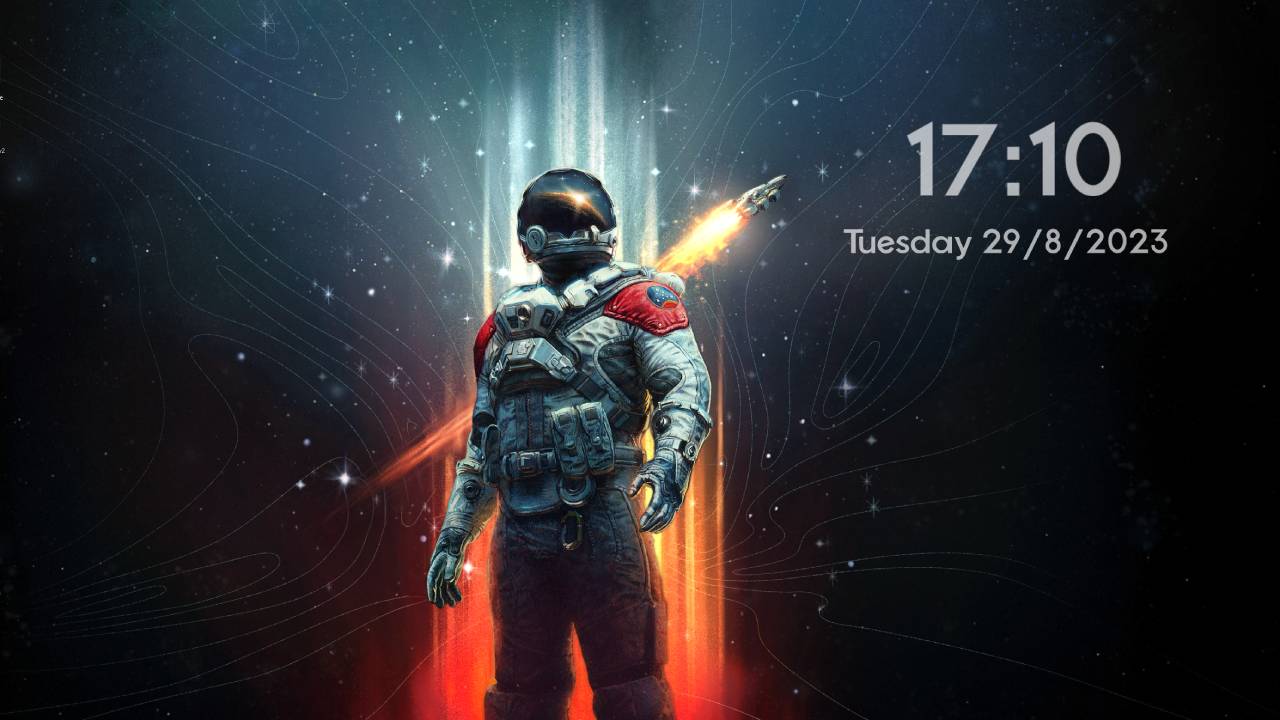 Best Starfield wallpapers: An explorer poses in the centre of this wallpaper, a starship with trailing engine flames behind them.