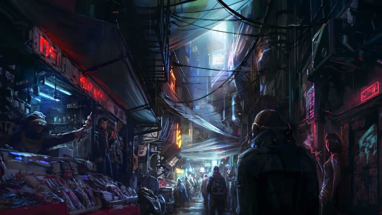 Best Starfield wallpapers: A striking hand painted depiction of the street markets on Neon city.