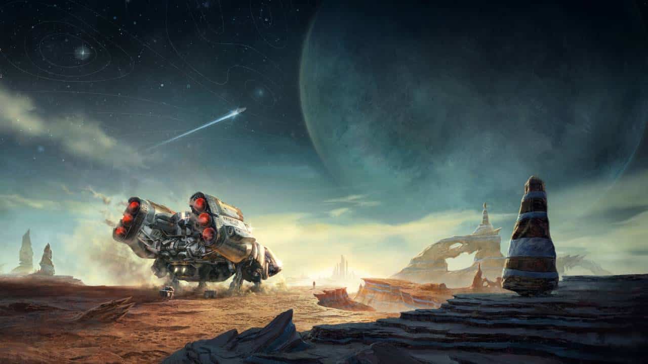 Best Starfield wallpapers: A landed starship sits idly on an alien world.