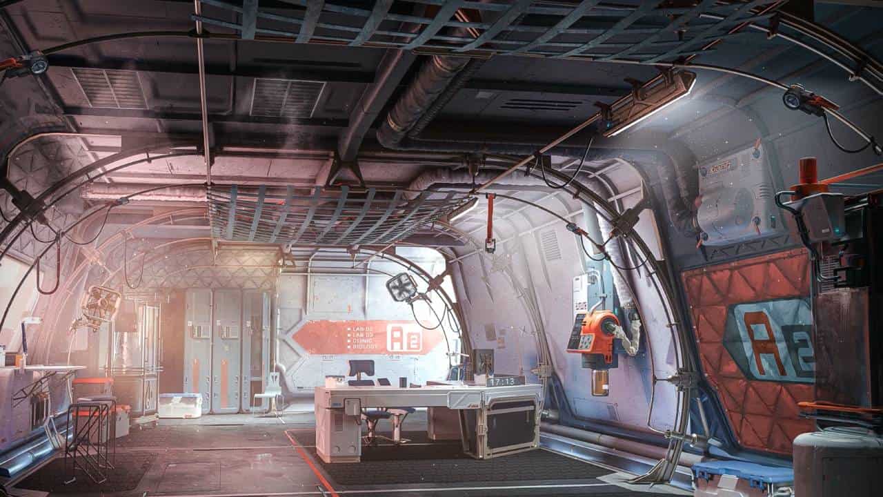 Best Starfield wallpapers: An empty but lived in view of a starship interior.