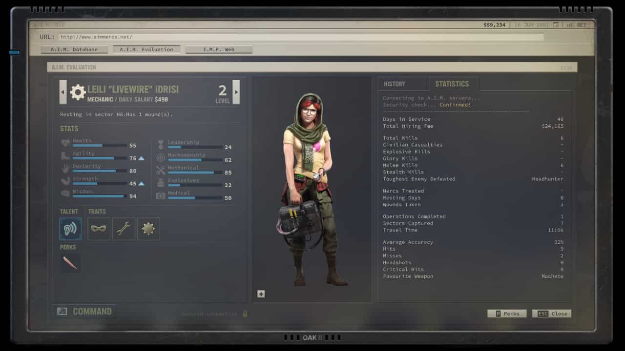 Best starting mercs in Jagged Alliance 3: Livewire's stats and bio.