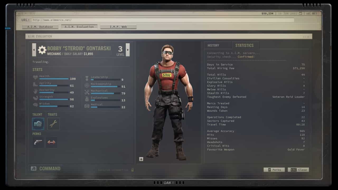 Best starting mercs in Jagged Alliance 3: Steroids stats and bio.
