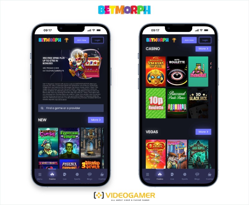 Mobile screenshots of BetMorph casino, a non-GamStop casino