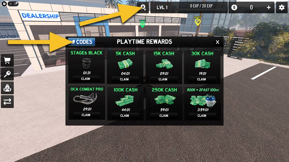 Image showing the Rewards window in BikeWorld on Roblox, with arrow pointing at the Rewards button and the Codes button.