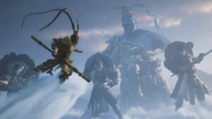 Wukong riding a cloud flying toward four giant figures.