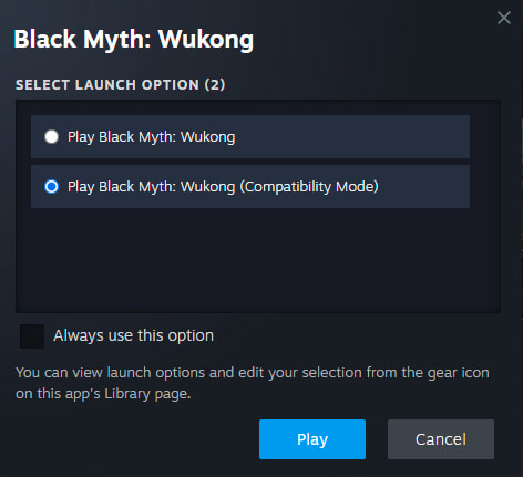Image of the launch options for Black Myth: Wukong on PC, including regular start option, and Compatibility Mode option.