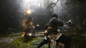 Wukong facing an enemy with a flaming weapon.