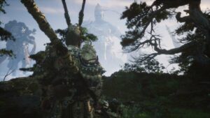 Black Myth Wukong how many chapters: Sun Wukong wielding a spear looking towards several trees.