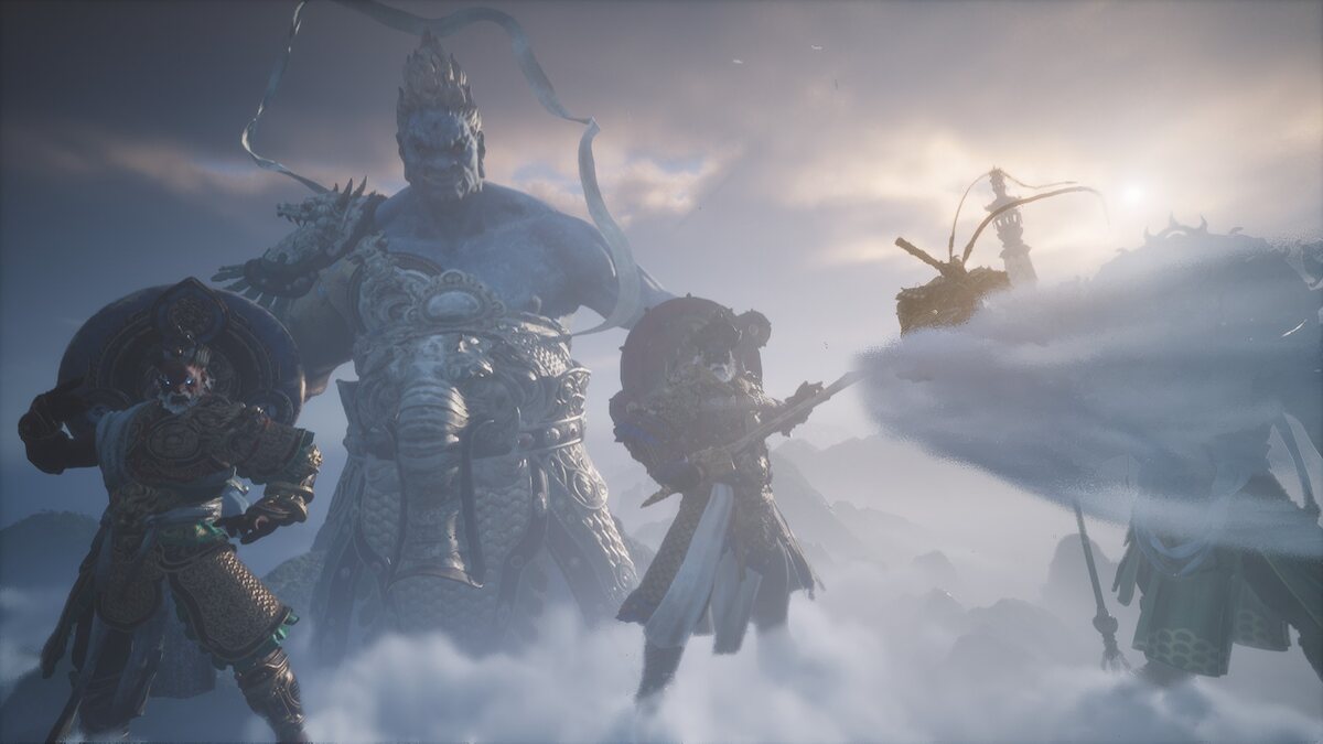 Black Myth Wukong length: Sun Wukong riding a cloud through the sky towards several giants.