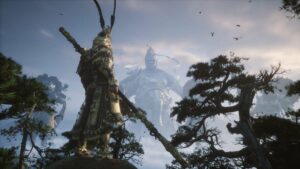Black Myth Wukong length: Sun Wukong wielding a spear standing on a cliff surrounded by trees with giants walking in the background.