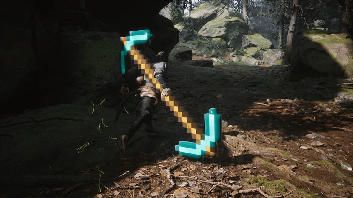 Image of Wukong using a Minecraft Pick mod in Black Myth: Wukong.