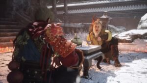 Black Myth Wukong preload date: Two people sitting at a table outside in the snow.