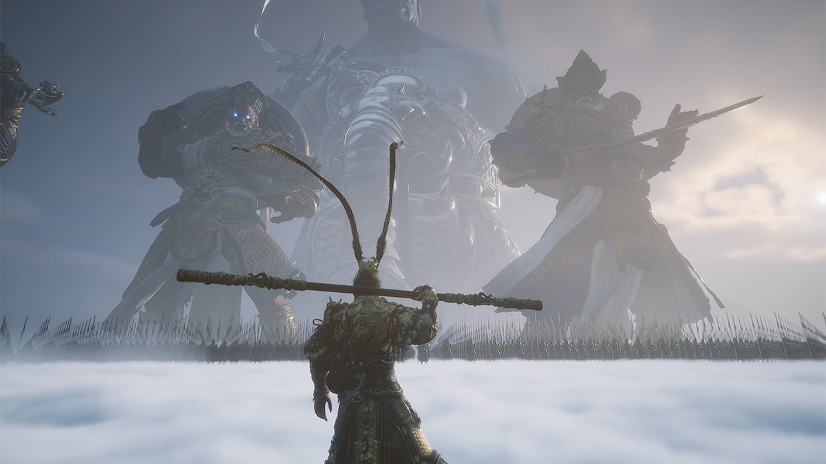 Image of Sun Wukong facing a celestial army and giants in the clouds in Black Myth: Wukong.