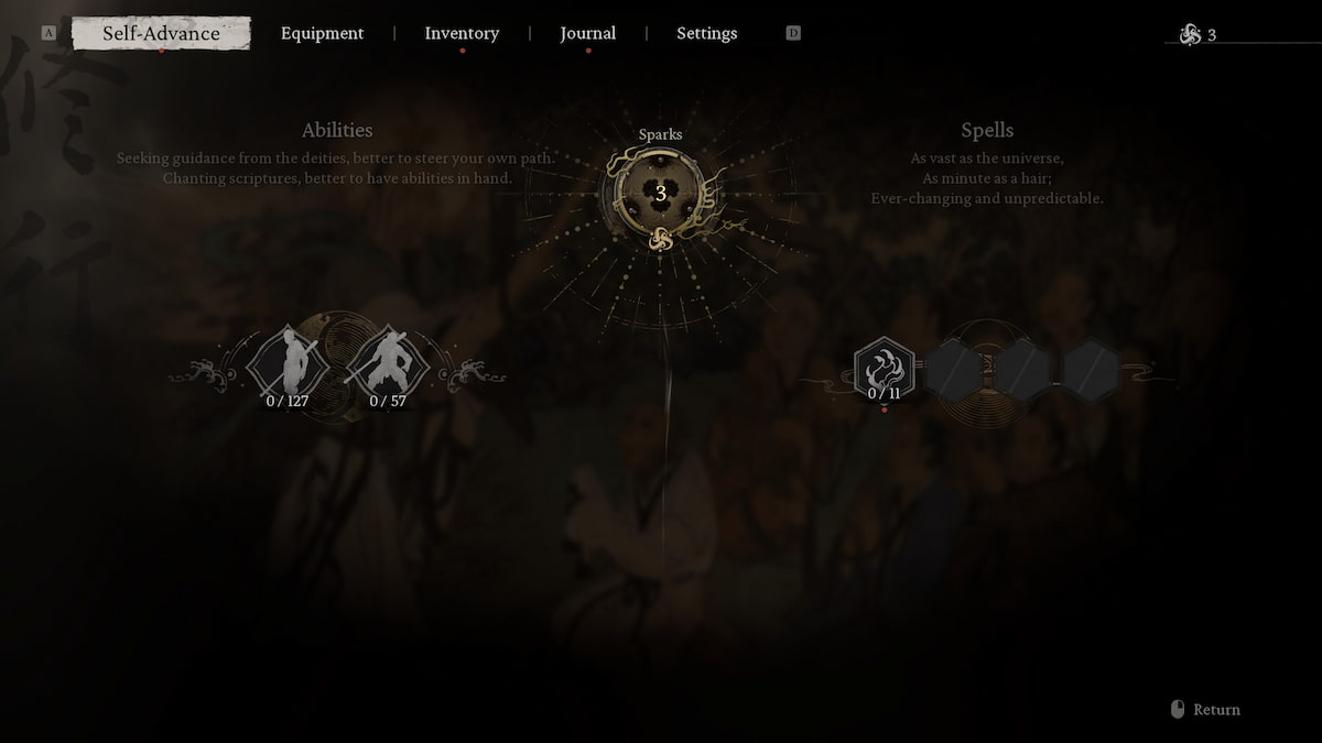 Image of the level up screen in Black Myth: Wukong, with the first 3 Sparks unlocked.
