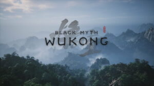 Image of the title screen in Black Myth: Wukong, showing a forest with mountain tops in the background, with fog clouds between and the game's title in the center.