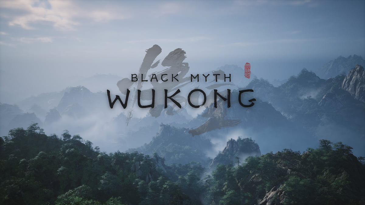 Image of the title screen in Black Myth: Wukong, showing a forest with mountain tops in the background, with fog clouds between and the game's title in the center.