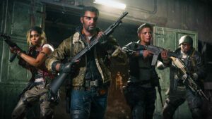 A group of armed individuals in a dilapidated building.