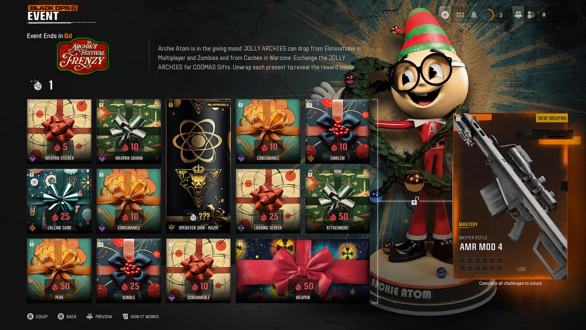 Image of the possible rewards for the Archie's Festive Frenzy in Black Ops 6.