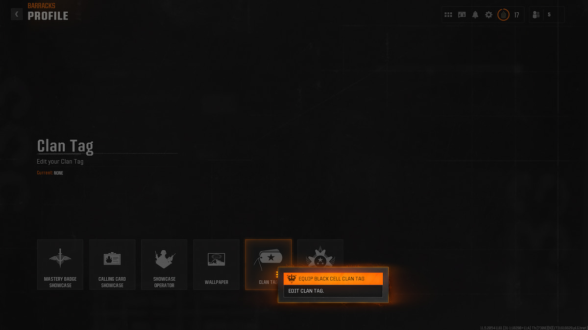 Image of the Clan Tag button in Call of Duty Black Ops 6, with Equip Black Cell Clan Tag highlighted.