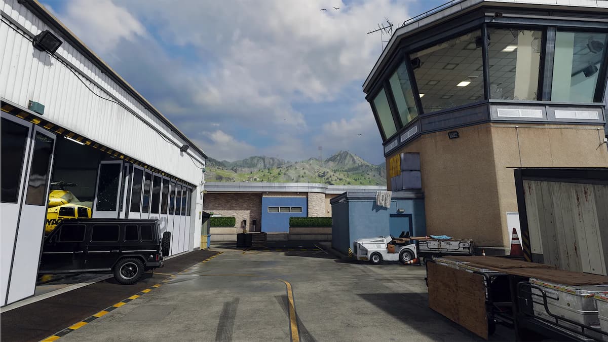 Image of the mid section of the map Extraction in Black Ops 6, featuring hangar entrance and the control tower.