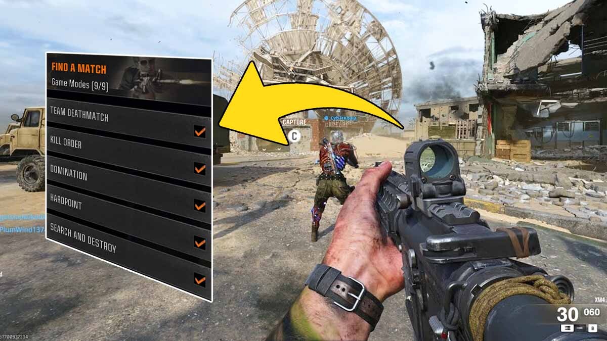 Image of a Call of Duty Black Ops 6 multiplayer match, with game mode filter settings visible on the left.