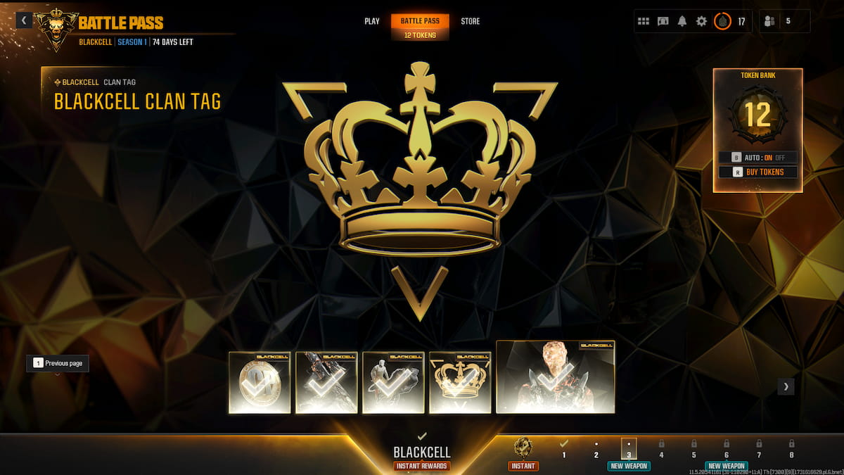 Image of the BlackCell crown clan tag on the premium Battle Pass screen in Call of Duty Black Ops 6 Season 1.