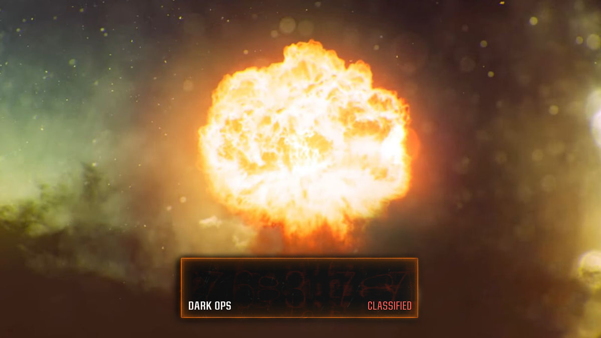 Image of a nuclear explosion mushroom cloud in Call of Duty Black Ops 6 with the Dark Ops Classified card superimposed.