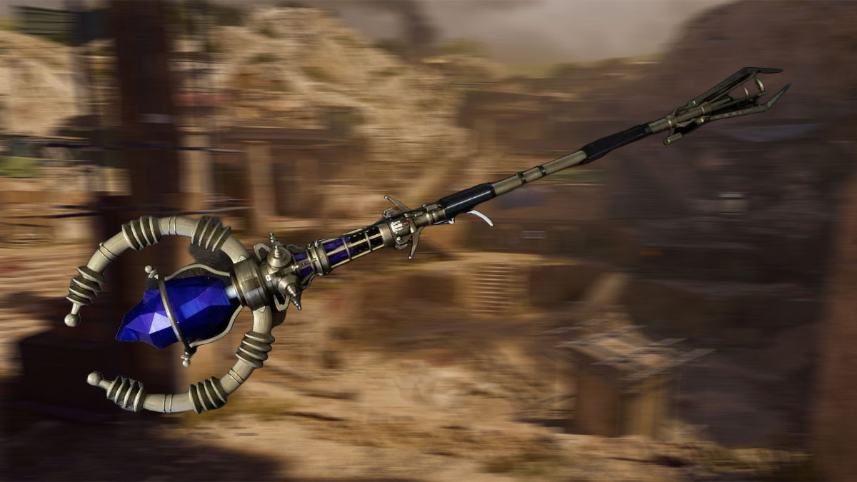 Image of Black Ops 3 Staff of Ice Wonder weapon on a blurred background of The Tomb Black Ops 6 Zombies map.